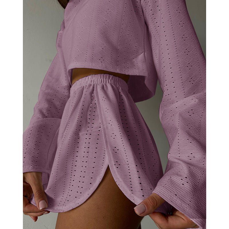 Herbst Damen Einfaches Slim Fit Lockeres Pullover-Top Shorts-Set