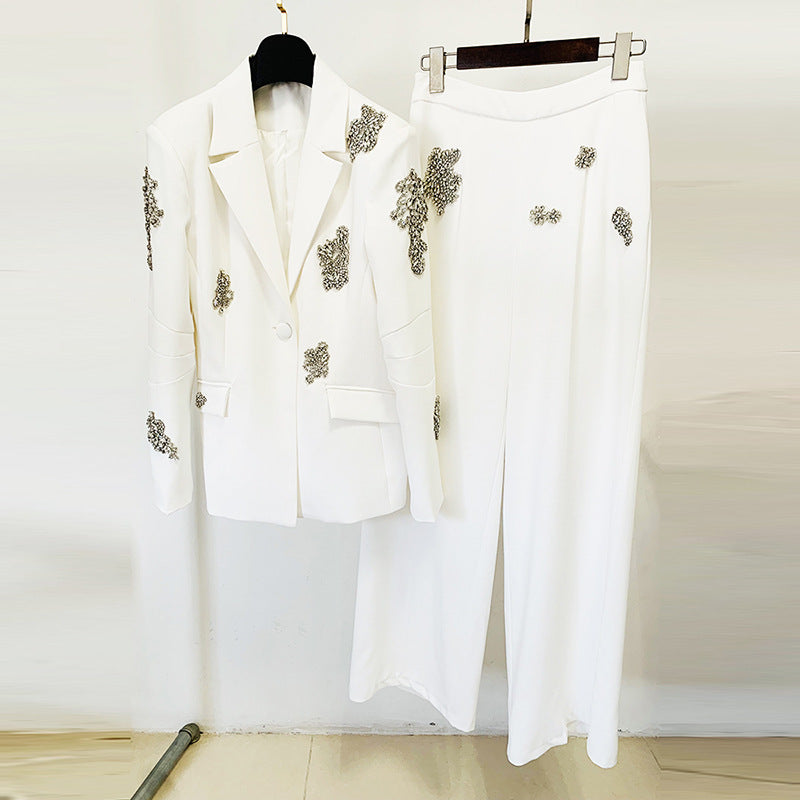 Schwerindustrie-Perlen-Diamantbesetzter Ein-Knopf-Blazer mit weitem Bein-Hosenanzug Zweiteilig
