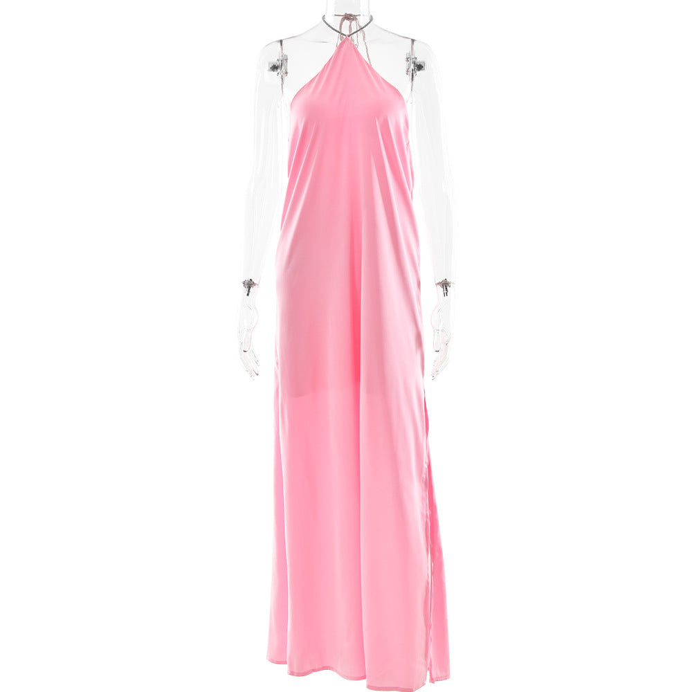 Arrival Advanced Satin Neckholderkleid Sexy Rückenfreies Einfarbiges Geschlitztes Eng Anliegendes Maxikleid