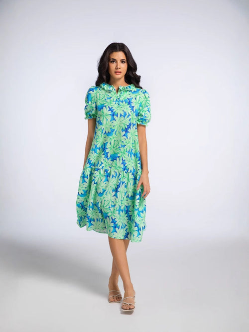 Women's 2025 summer ruffled sleeve pleated bow Thai print long skirt dress by SHOPEZRA L.L.C., featuring European and American style.