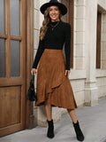 Maillard Suede Ruffled Small Brown Skirt High Waist Irregular Asymmetric Mid Length Sheath Skirt