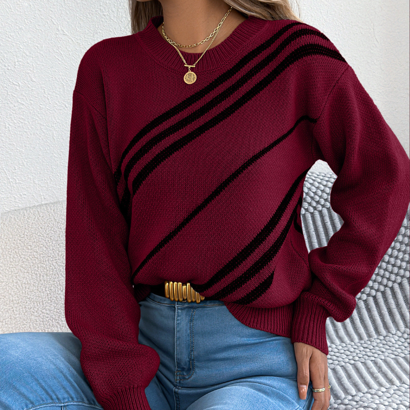 Damenbekleidung Herbst Winter Lässiger gestreifter Rundhals-Pullover mit Laternenärmeln