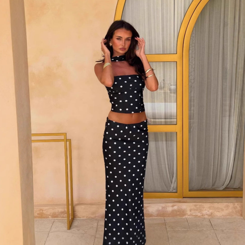 Sommer Eleganter Polka Dot Print Cropped Tube Top Weste Rock Zweiteiler Set