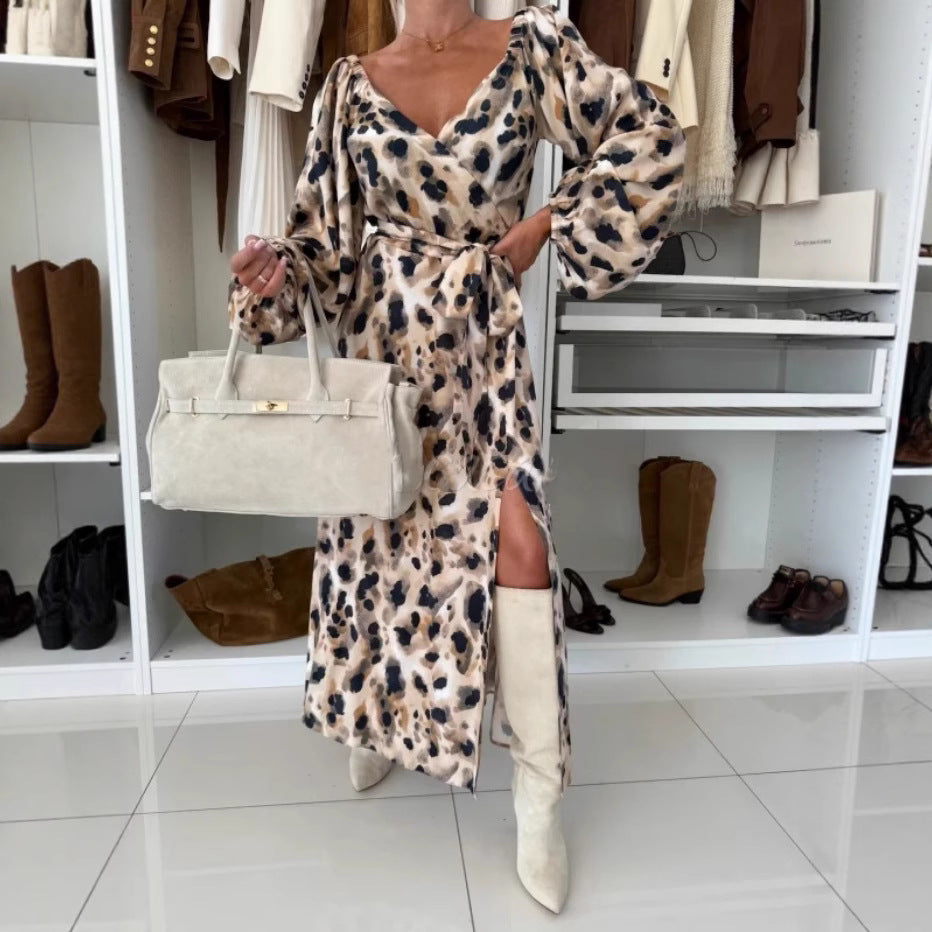 Damen Langarmkleid mit Prints, Taillenkontrolle und Saumschlitz für Herbst/Winter