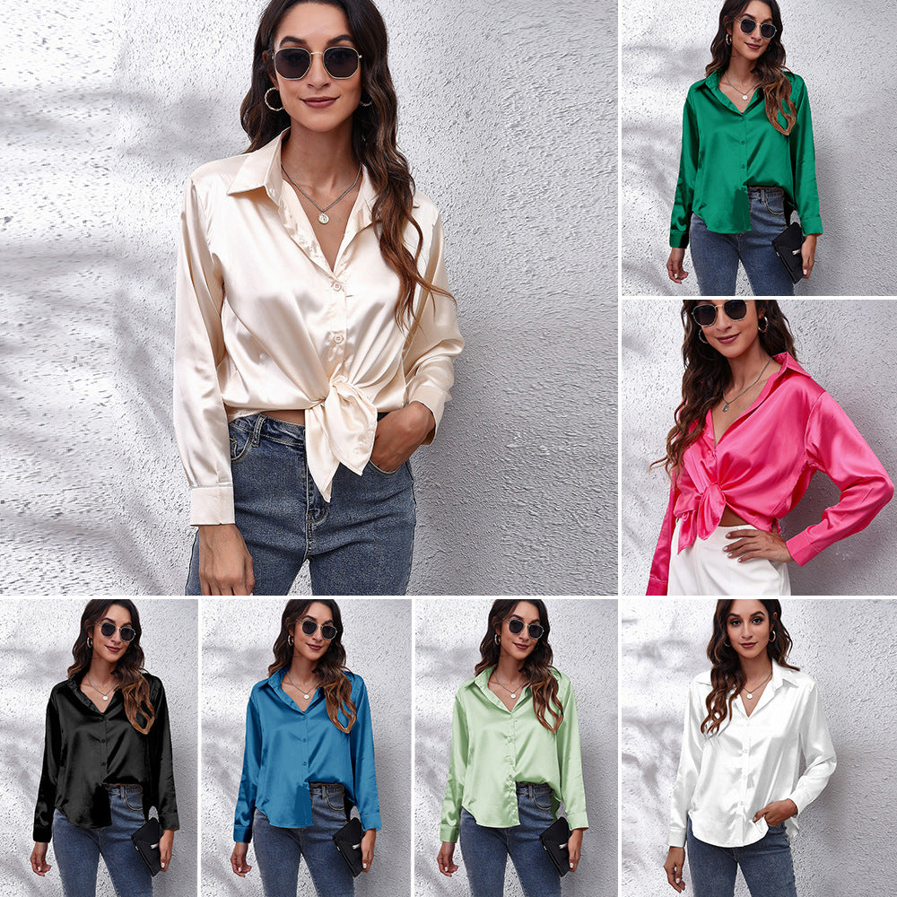 Satinhemd Damen Satin Kunstseide Langarmshirt