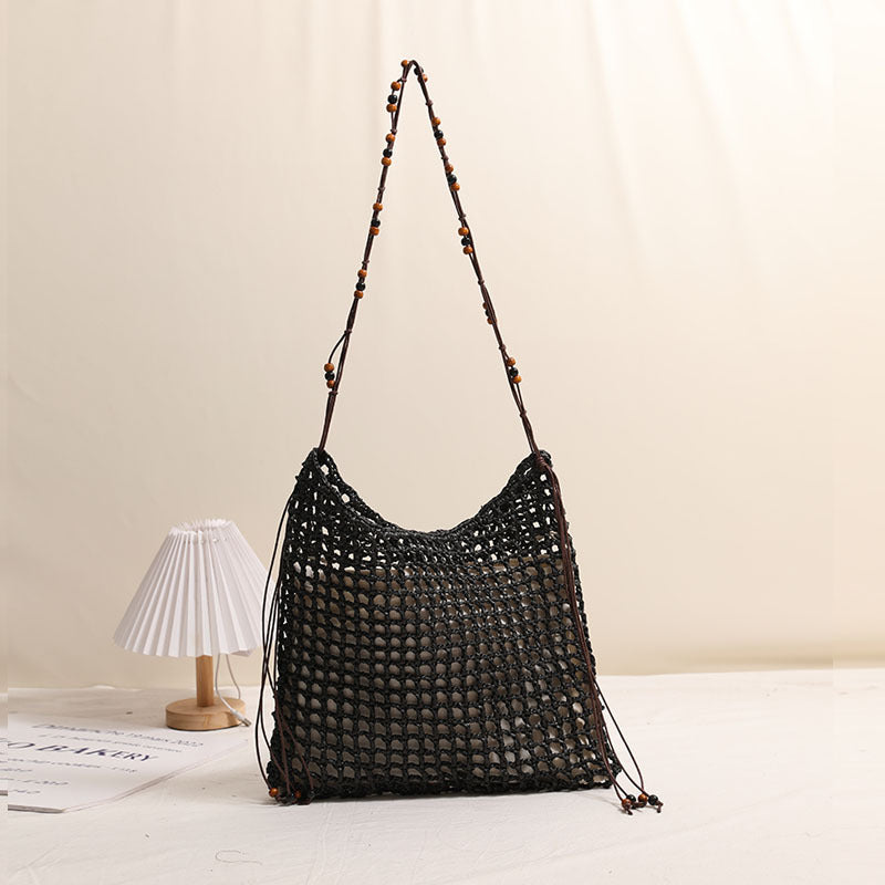 Sommer Strohgewebte Tasche mit Schnürmuster, geeignet für Damen, Strandurlaub, Strandtasche