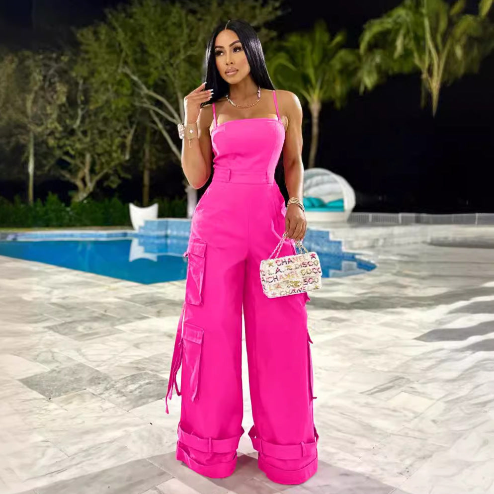 Damenkleidung Sexy Trägertop Multi-Pocket Workwear Jumpsuit Weites Bein Jumpsuit