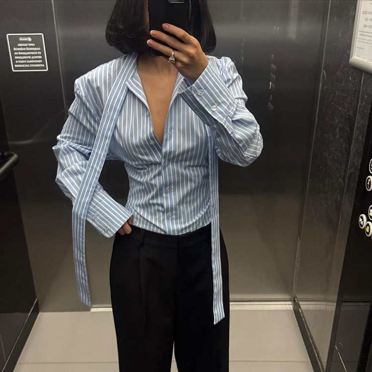 Women Clothing Striped Collared Shirt Women Waist Controlled Long Sleeves Lace up Cardigan Shirt Top