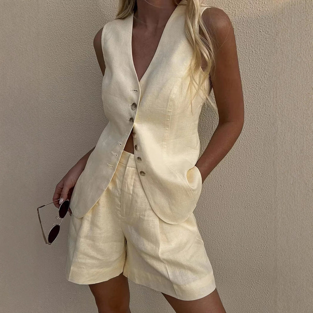 Baumwoll-Leinen-Westen-Shorts-Set Sommer Office-Westen-Shorts-Set Freizeit Damen