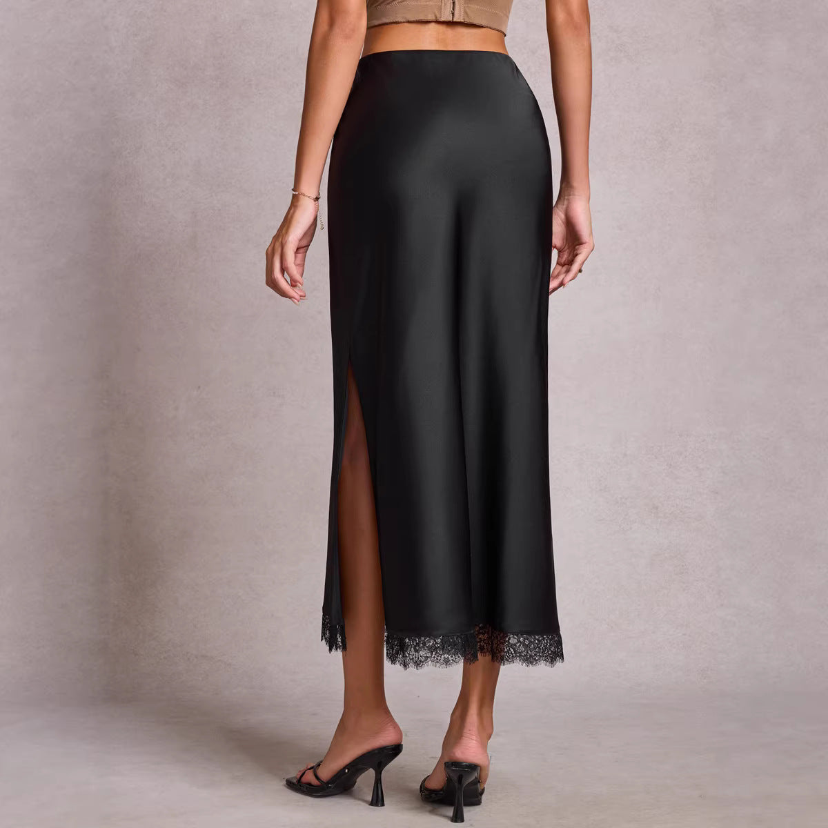 Women Clothing Satin Skirt Lace Split High Waist Elastic Sexy Sheath Skirt