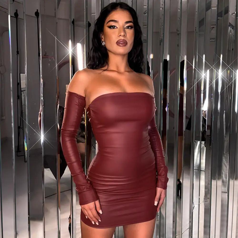 Women Clothing Sexy Tube Top Cinched Waist Sheath Dress Faux Leather Oversleeve Nightclub Mini Dress Women by Wanita Store