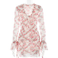 Spring Summer Retro Printed Deep V Plunge Women Sexy Slim Mesh Long Sleeve Lace up Dress