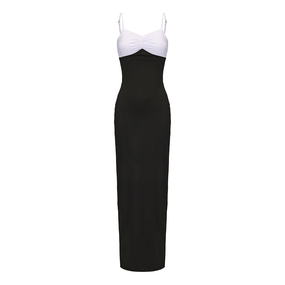 French Contrast Color off Shoulder Tube Top Cinched Waist Slim Sexy Bag Hip Length Dress
