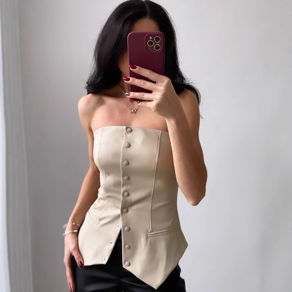 Damen Kunstleder Tube Top Sexy Rückenfrei schulterfrei Eng Anliegend Damen Kurzes Tube Top Weste