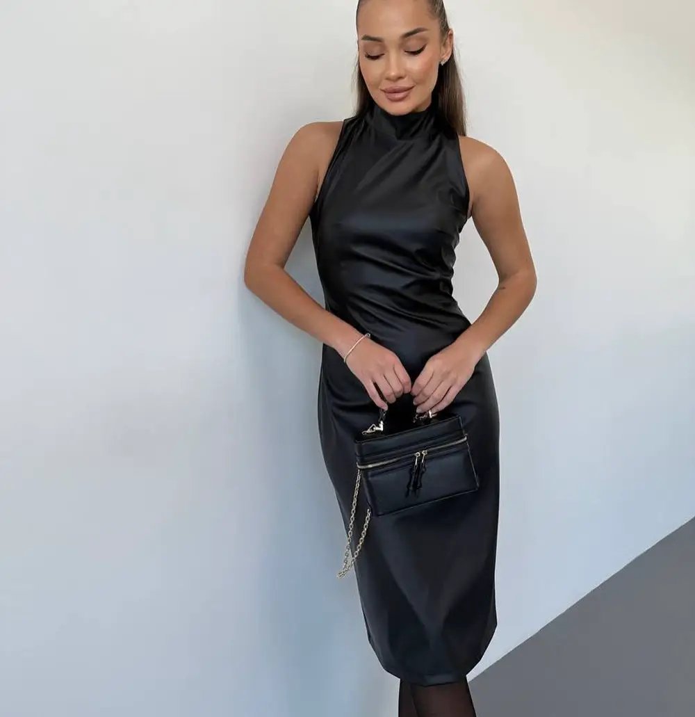 Women Clothing Sleeveless Stand Collar Split Dress Slim Solid Color Faux Leather Dress