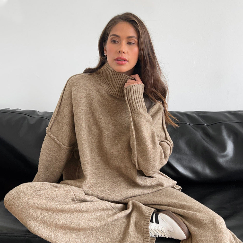 Rollkragenpullover Anzug Damen Herbst Winter Locker Lässig Dick Gestrickte Hose Anzug