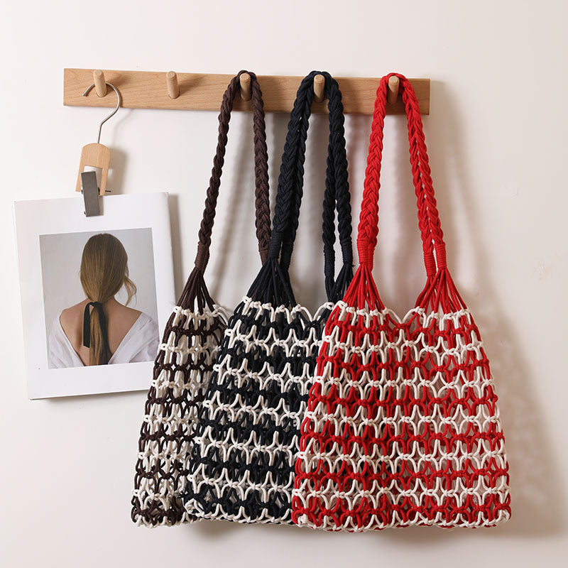 Sommer Strohgewebte Tasche mit Schnürmuster, geeignet für Damen, Strandurlaub, Strandtasche
