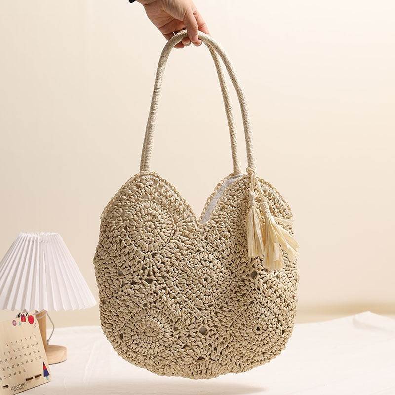 Hollow Out Cutout Tassel Strohtasche Große Kapazität Umhängetasche Gewebte Tasche Urlaub Strandtasche Damentasche