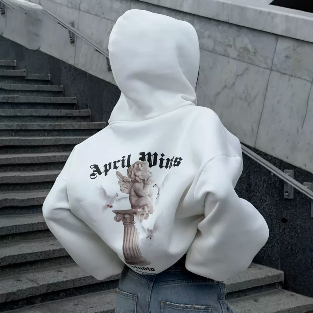Lockere Persönlichkeit Trendiger Sexy Casual Pullover mit Engel-Print, Kapuze und Reißverschluss für Damen Frühling Herbst