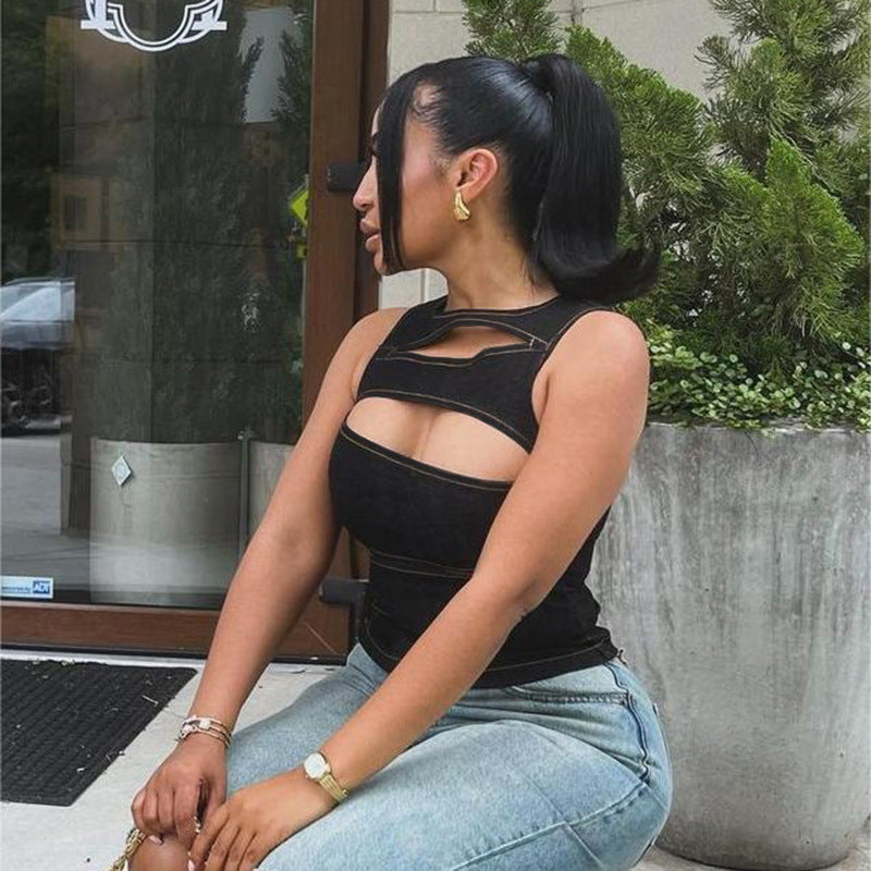 Summer Women Clothing Sexy Cutout Imitation Denim Vest Top for Women