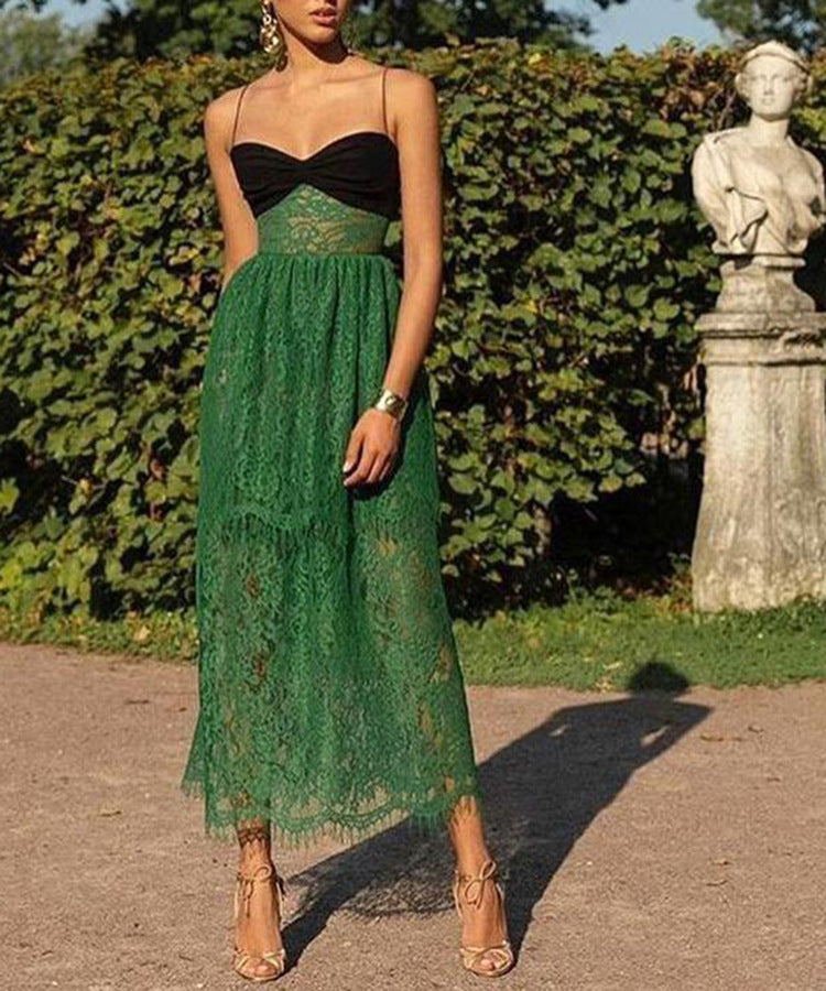 Damenbekleidung Sexy Hosenträger Spitze Grün Hohl Cut-Out Urlaub Bodenlanges Maxikleid