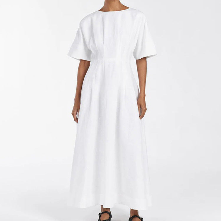 Damenbekleidung Schlichtes lässiges A-Linien-Kleid Baumwoll-Rundhalsausschnitt Kurzarm tailliertes Kleid