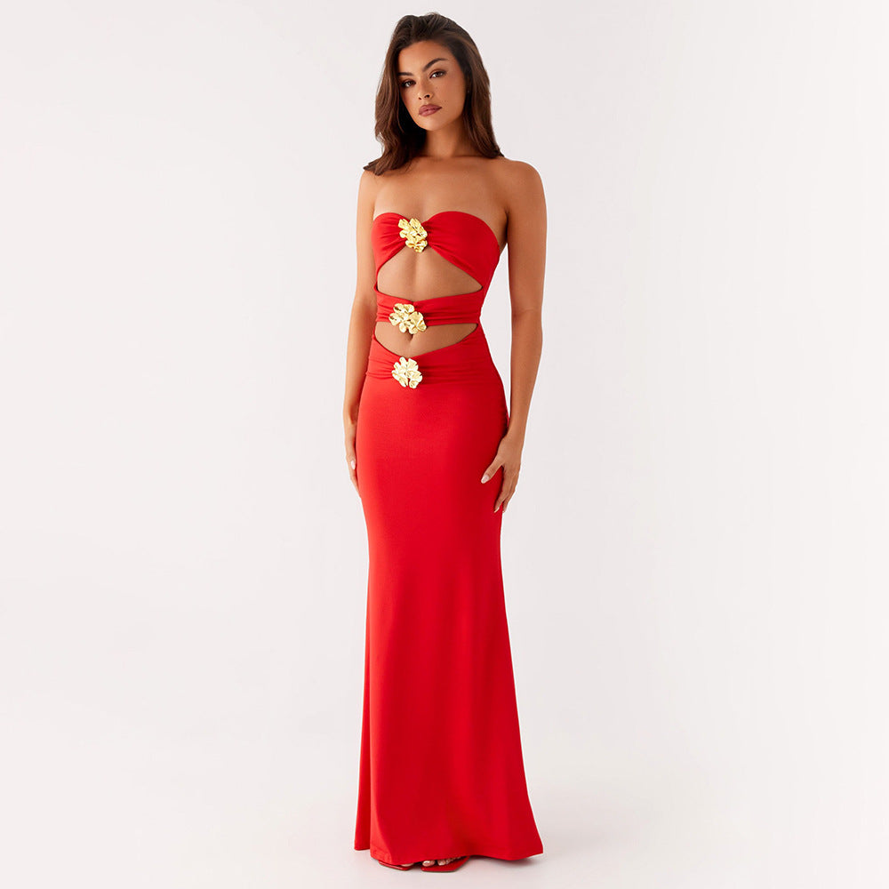 Sommer Damen Sexy Cutout-Kleid schulterfrei Metall Blumen Sexi Eng Anliegend Maxikleid