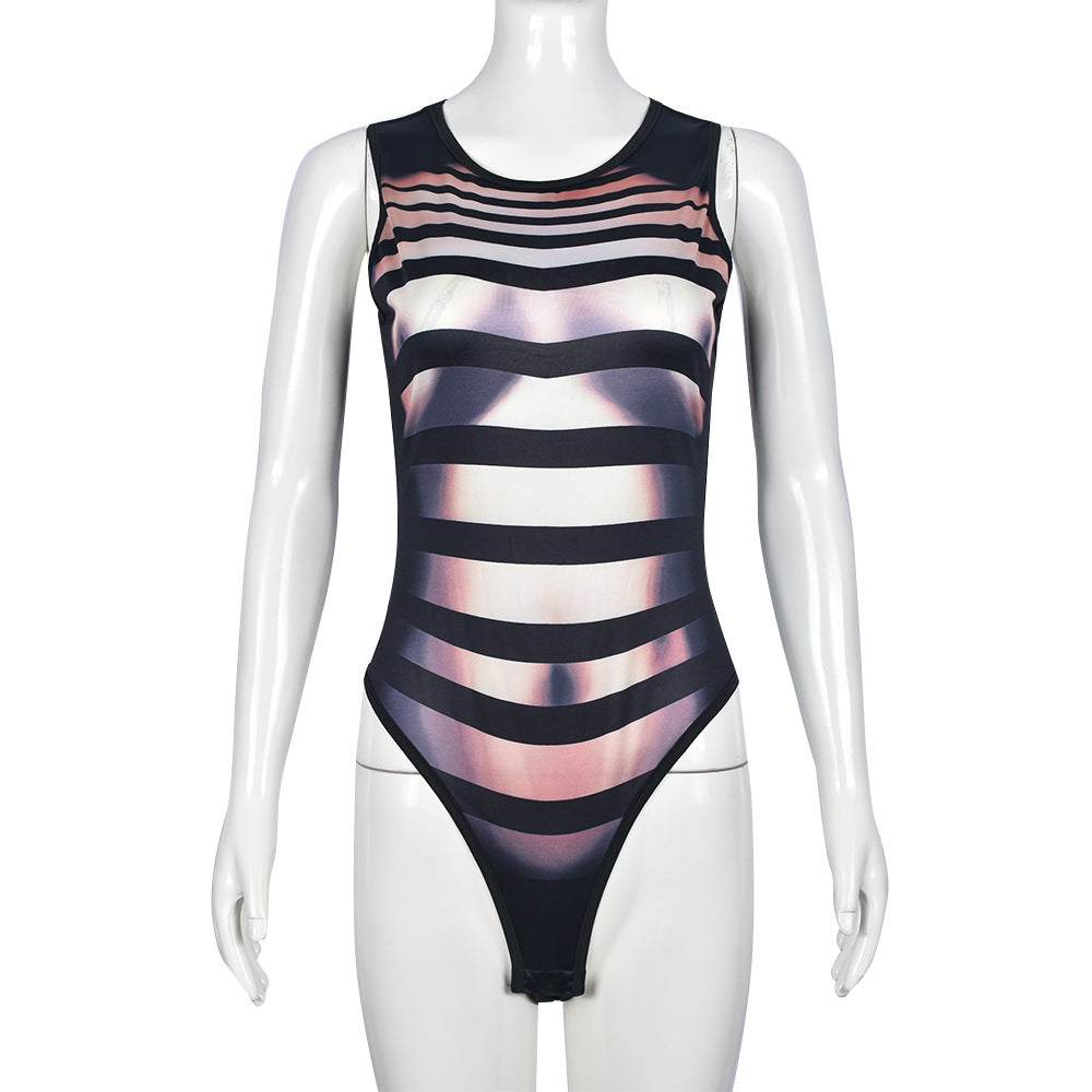 Sexy Ärmelloser Bedruckter Hochelastischer Overall Sexy Top