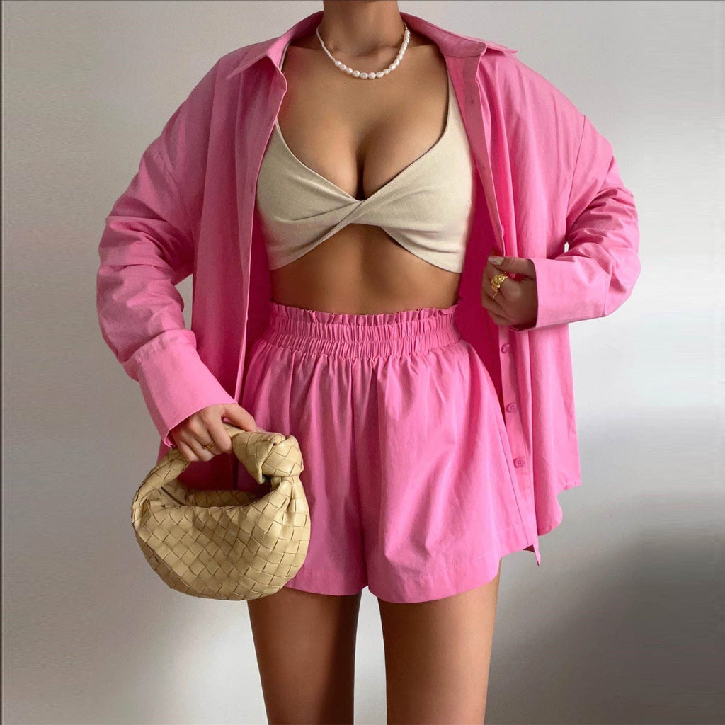 Frühling Sommer Zweiteiler Einfarbig Einreihig Langarm Hemd mit Kragen Shorts Locker Lässiges Set