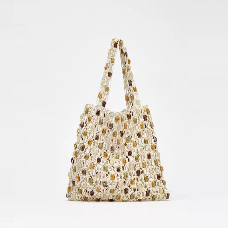Sommerliche lässige Perlen-Tasche für Damen, besondere Interessen, hochwertige gewebte Tasche, kariert, ausgehöhlt, mit Holzperlen, Strandtasche