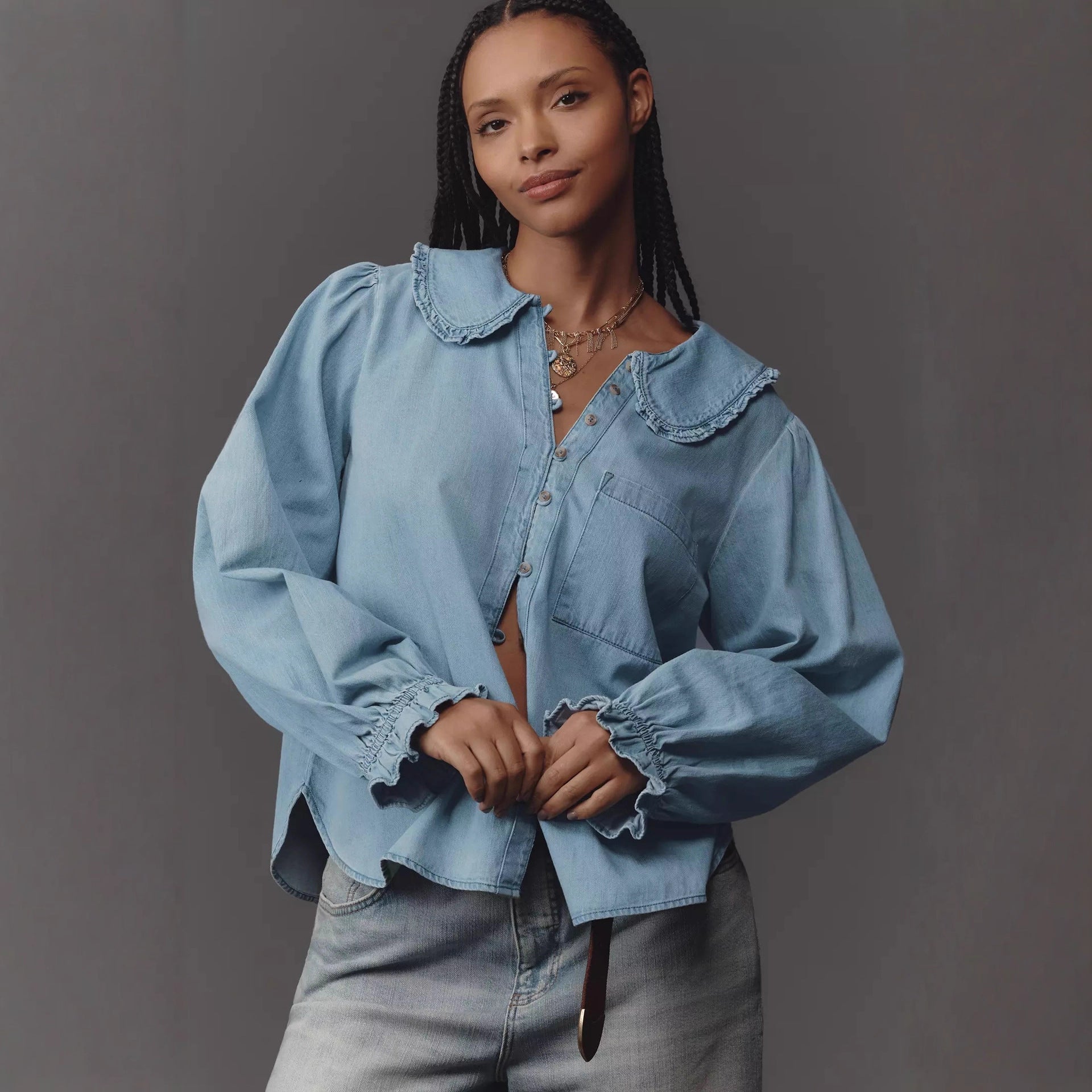 Women Spring Autumn Casual Retro Lightweight Denim Long Sleeved Shirt