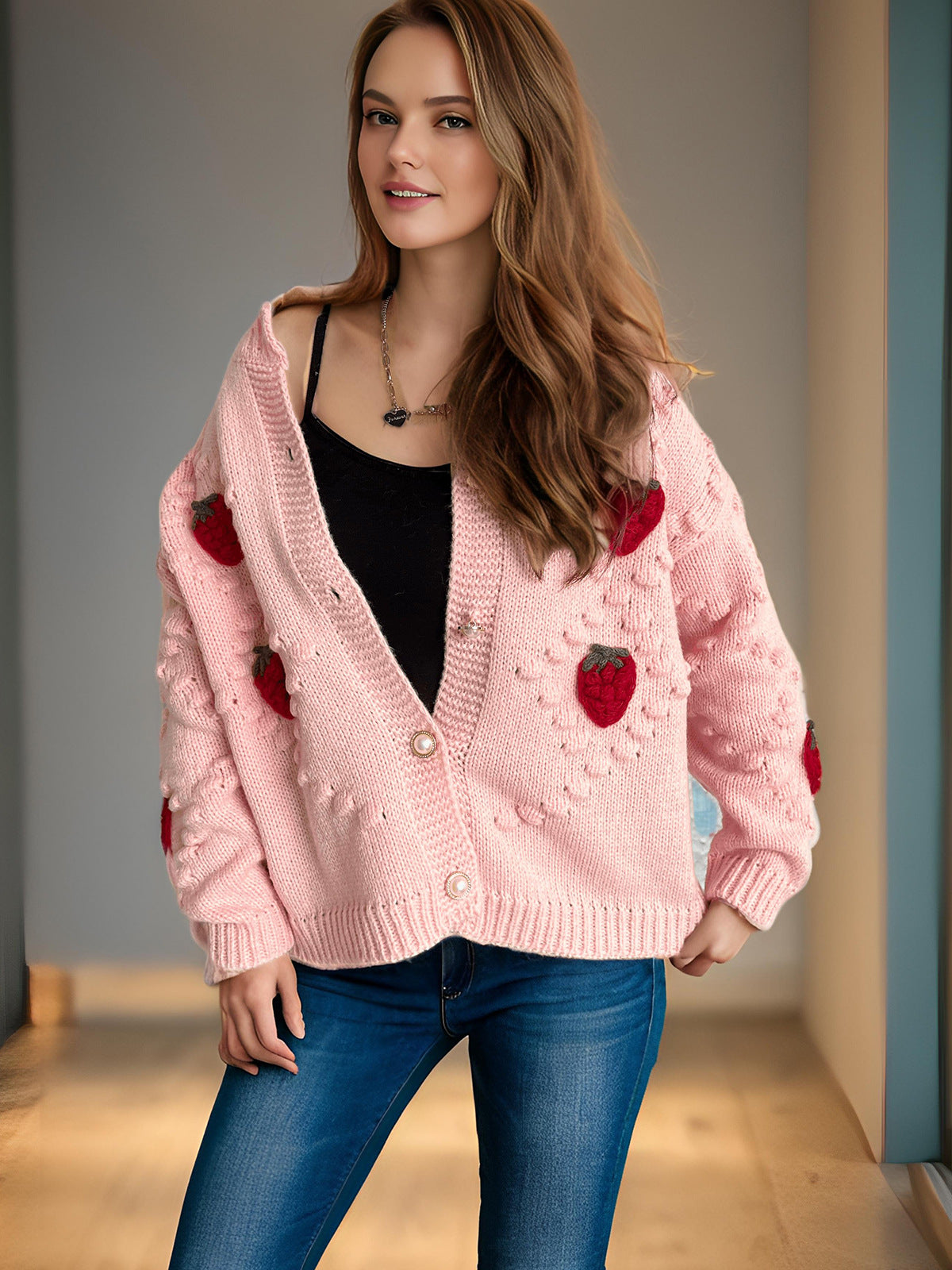 Herbst Winter Gehäkelte Stickerei Dreidimensionale Erdbeer-Zwirnperlen-Schnalle Strickpullover Strickjacke Mantel