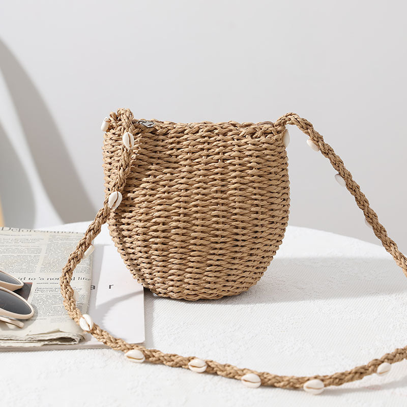 Niedliche Strohtasche Damen Einzelne Schulter Umhängetasche Muschel Strohtasche Gewebte Tasche All-Match Küstenurlaub Strandtasche