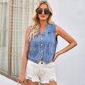 Spring Washed Slim Fit Collarless Short Denim Vest Cardigan Vest Top for Women