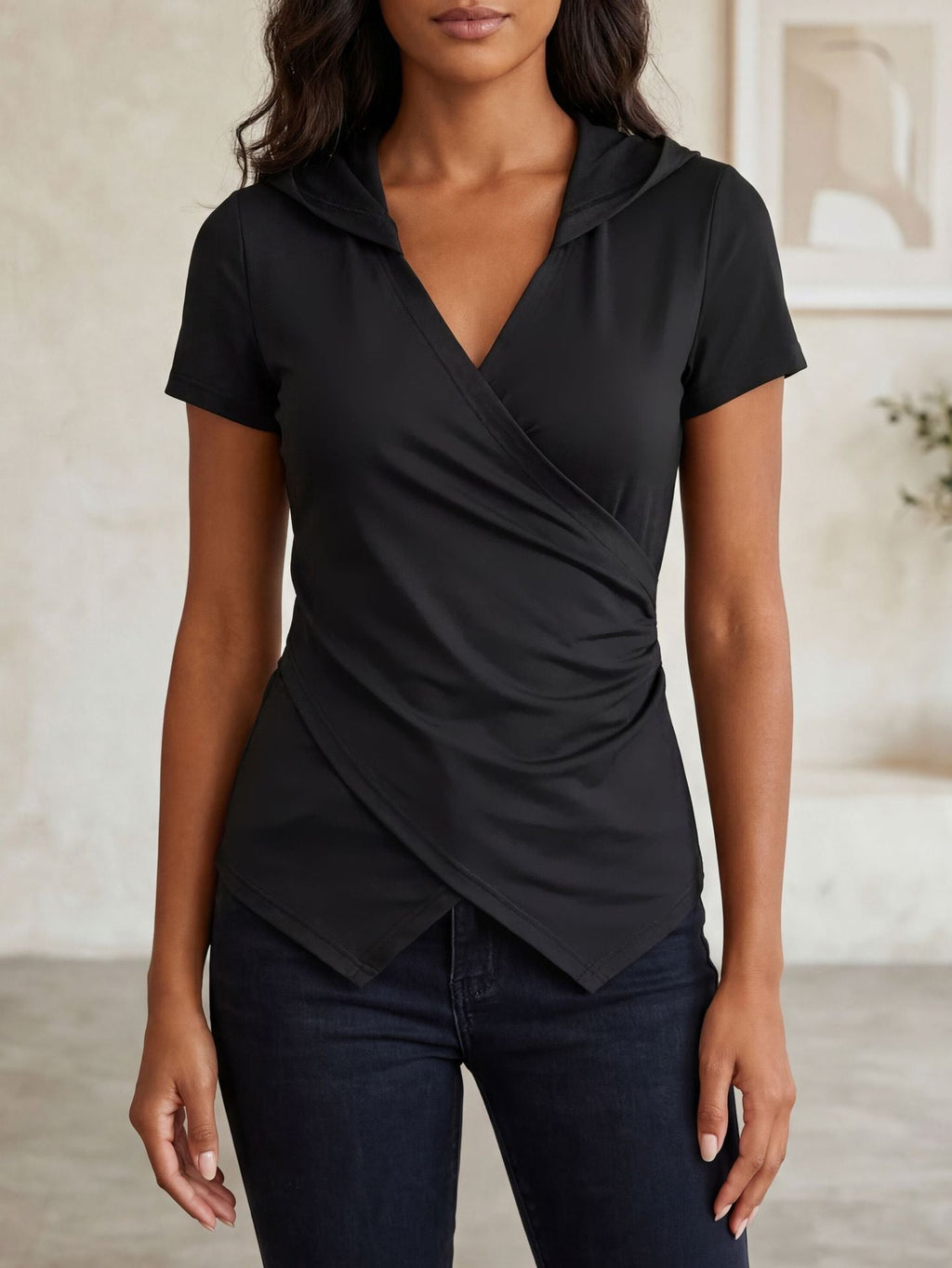 Women Clothing Summer V neck Solid Color Slim Slimming Irregular Asymmetric Short Sleeve T shirt Top