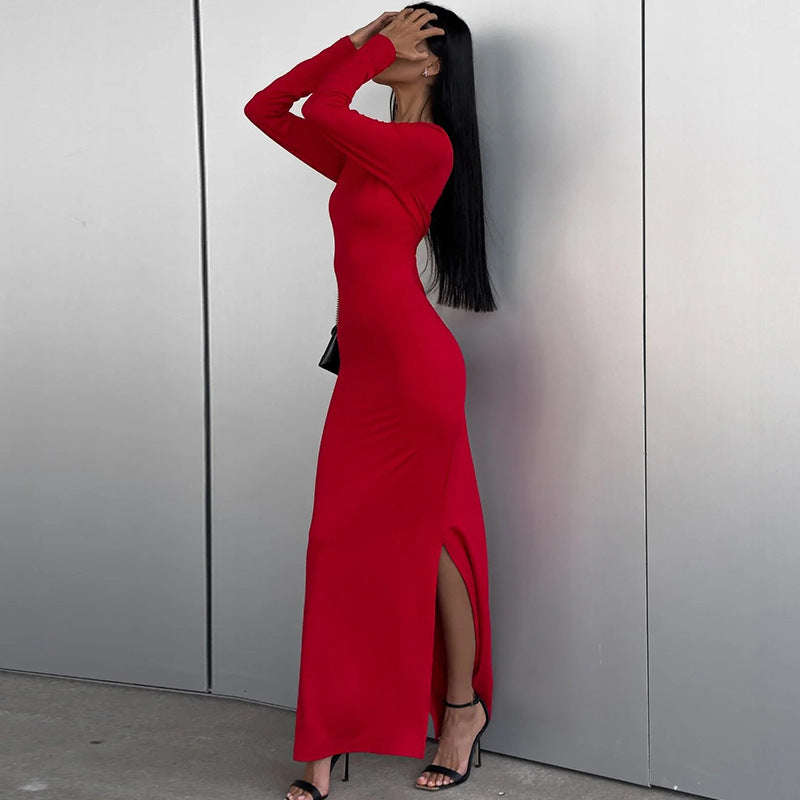 Damen Kleidung Frühling Sommer Einfarbig Langarm Eng Anliegende Taille Hüftschlitz Kleid Damen
