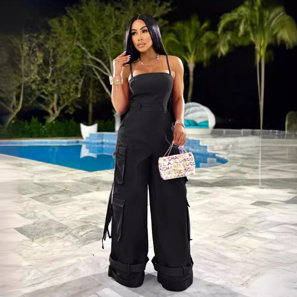 Damenkleidung Sexy Trägertop Multi-Pocket Workwear Jumpsuit Weites Bein Jumpsuit