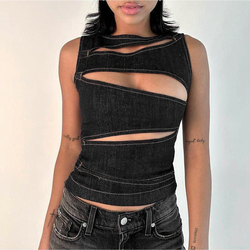 Summer Women Clothing Sexy Cutout Imitation Denim Vest Top for Women