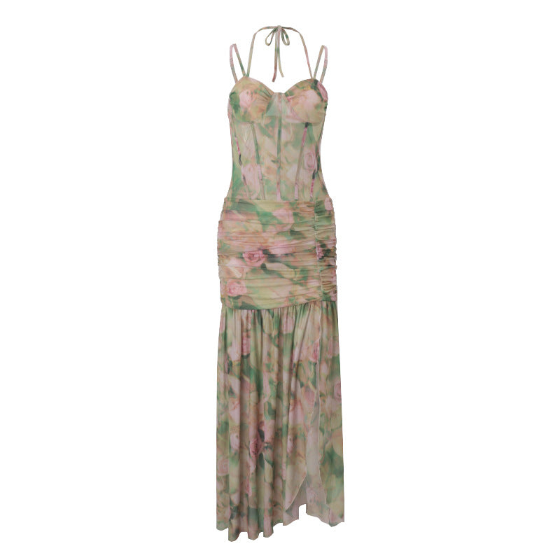Damenbekleidung Sommer Sexy Spaghettiträger Blumenmuster Urlaub Strand Hohe Taille Schlankmachendes Schlitzkleid Damen