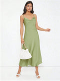Women Clothing Spring Summer Satin Sling Deep V Plunge neck Slim Solid Color Dress