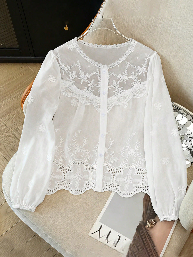Summer Ladies Elegant Hollow Out Cutout out Embroidered Lace Lace Shirt