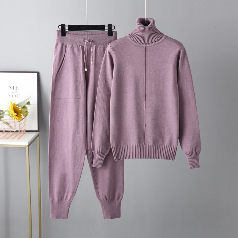 Freizeit Set Herbst Winter Rollkragenpullover Einfarbige Pullover Zweiteiliges Set