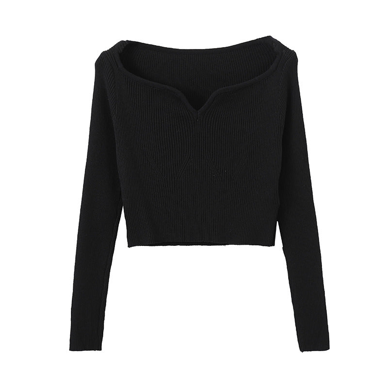 Blütenkragen kurzer Pullover für Damen Herbst Schmal geschnittener Schlüsselbein-Bottoming-Shirt