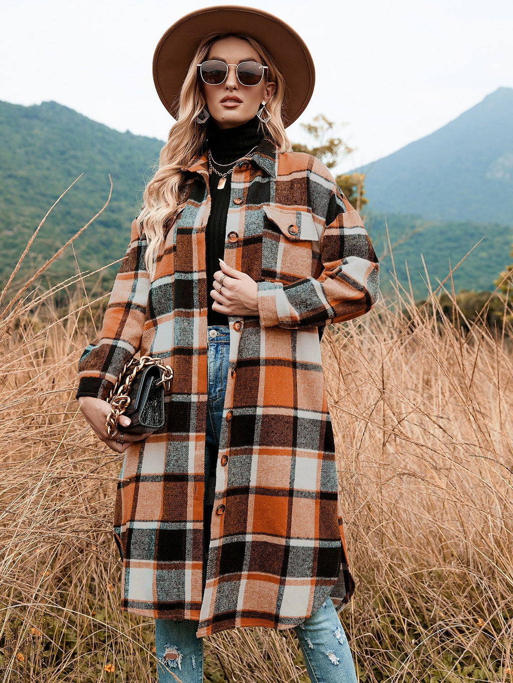 Herbst Winter Damen Karierter Trenchcoat