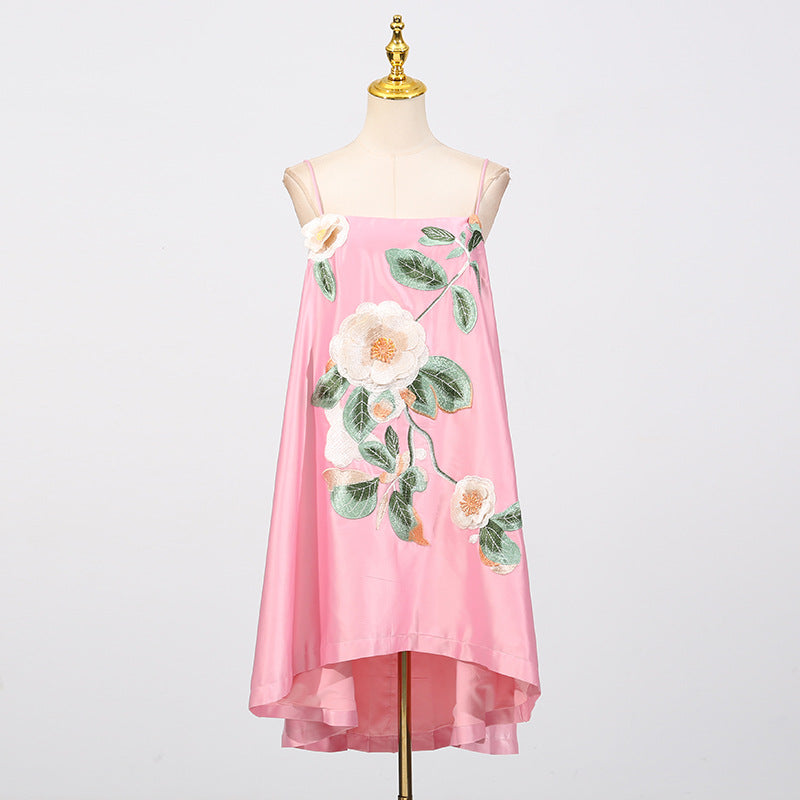 Chinese Retro Peony Embroidered Floral Suspender Slimming Short Women Clothing Loose Slimming Dress