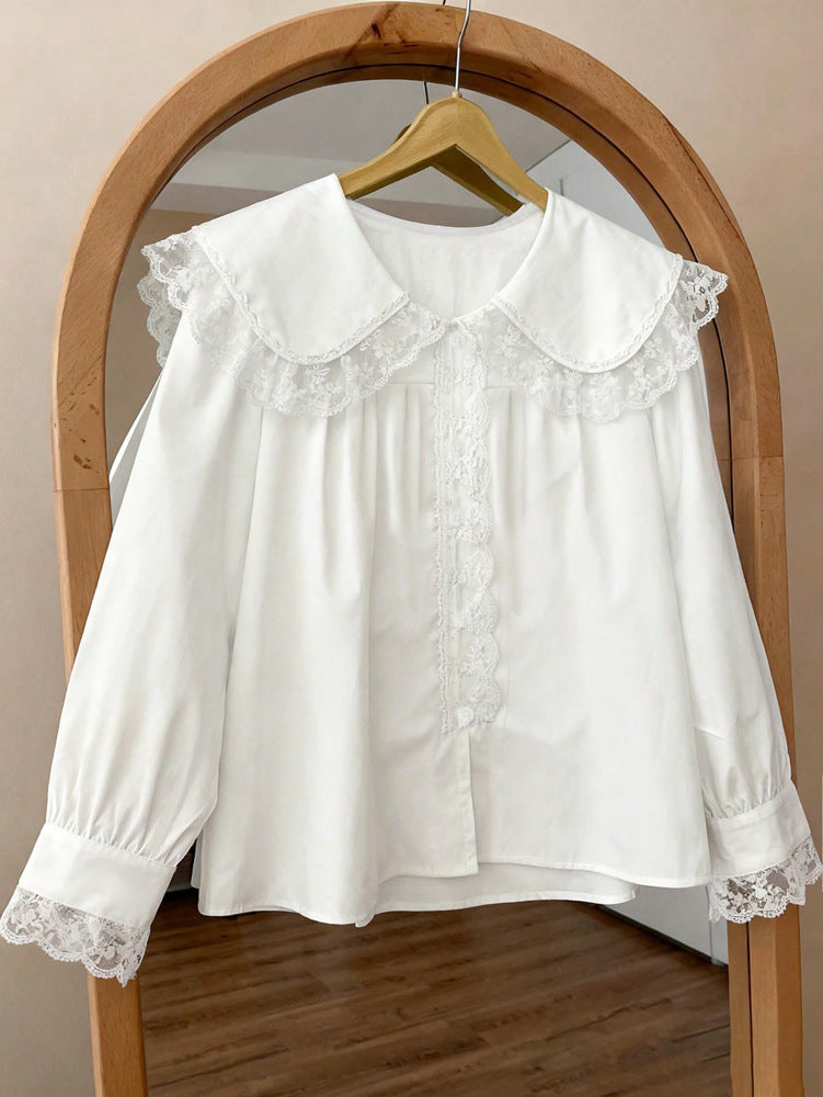 Spring Summer Women Loose Design Doll Collar Long Sleeve Shirt
