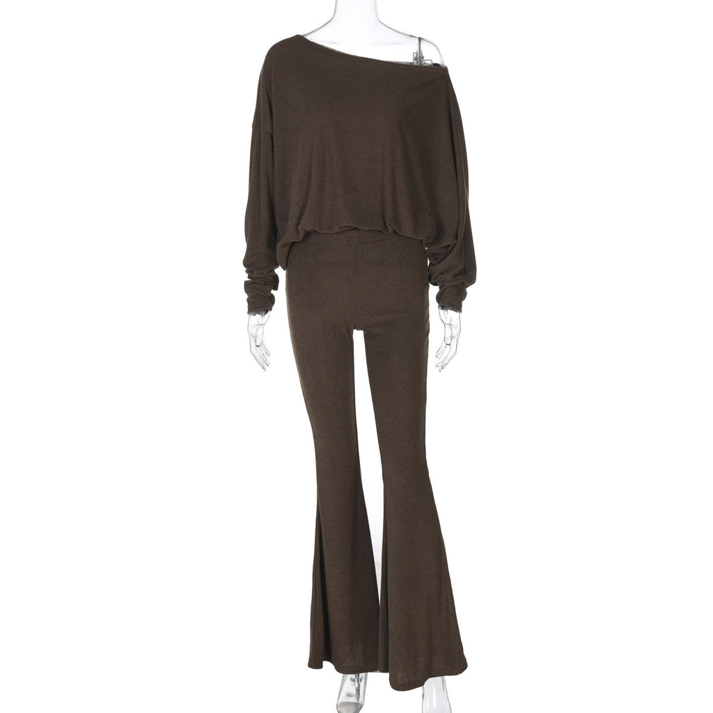 Women lothing Autumn Oblique Shoulder Long Sleeve Top High Waisted Boot Cut Pants Casual Set