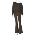 Women lothing Autumn Oblique Shoulder Long Sleeve Top High Waisted Boot Cut Pants Casual Set