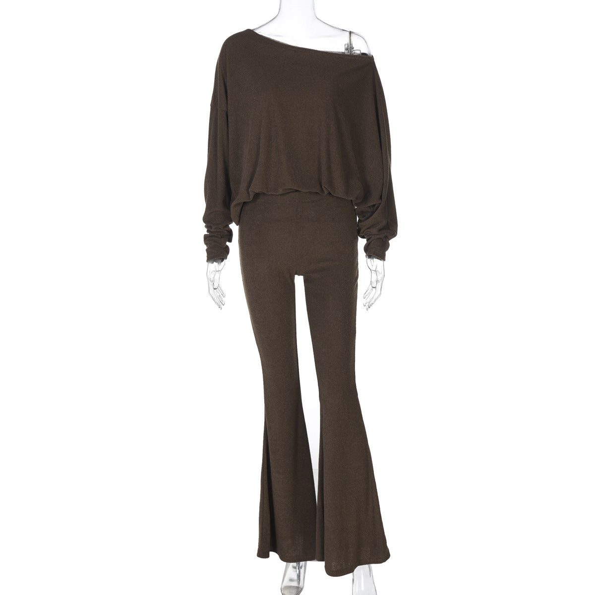 Women lothing Autumn Oblique Shoulder Long Sleeve Top High Waisted Boot Cut Pants Casual Set
