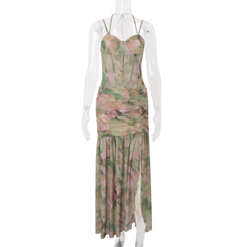 Damenbekleidung Sommer Sexy Spaghettiträger Blumenmuster Urlaub Strand Hohe Taille Schlankmachendes Schlitzkleid Damen